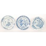 Three 19th Century Chinese export blue and white plates each with Chinoiserie decoration,