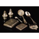 A small parcel lot of assorted hallmarked silver items, salt and pepper, cigarette case,