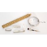 Six items of silver and white metal jewellery to include a bangle, panelled bracelet, fruit knife,