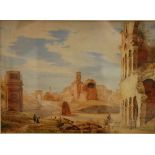 FOLLOWER OF DAVID ROBERTS, RA (1796 - 1864) - Figures strolling amongst classical ruins,
