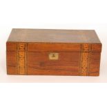 A Victorian walnut Tunbridge ware inlaid writing slope with fitted interior and inset with a brass