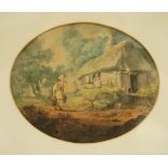 WILLIAM PAYNE (1760-1830) - Figure on a road with cottage beyond, gouache, oval, framed,