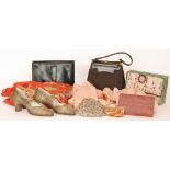 A collection of assorted vintage textiles and accessories to include a pair of 1920s lame T-bar