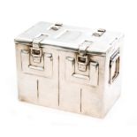 A hallmarked silver rectangular box modelled as a twin handled munitions trunk,