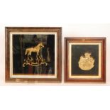 A 19th Century gilt brass plaque of a horse standing on a scroll mount, framed, 54cm x 54cm,