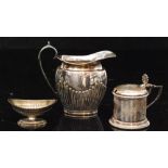 Three items of hallmarked silver, a cream jug, a mustard pot and an oval pedestal salt,