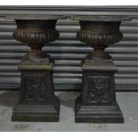 A pair of 19th Century black painted circular cast iron terrace urns of classical form on waisted