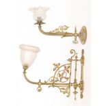 A small 20th Century brass wall oil lamp and bracket with fluted shade, width 32cm,