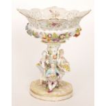 An early 20th Century floral encrusted pedestal fruit basket with figures stood around the central