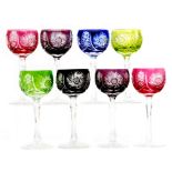 A set of eight 20th Century Bohemian Harlequin hock glasses,