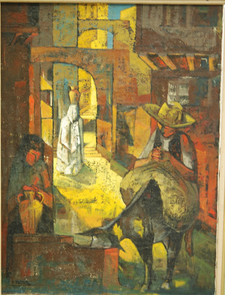 GABRIEL JOUCLA (CIRCA 1960) - A figure riding a donkey, oil on canvas, signed verso, framed,