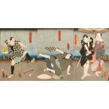 UTAGAWA KUNISADE (1823-1880) - Comical actors on an open air stage, triptych woodblock print,