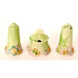 A Clarice Cliff My Garden pattern three piece cruet set circa 1934,