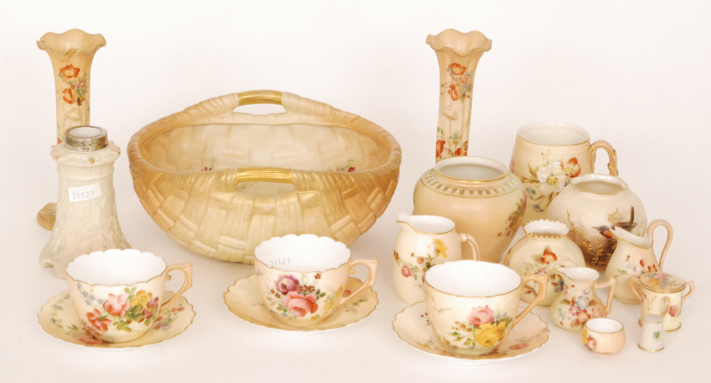 A small collection of assorted Royal Worcester blush ivory to include two teacups and saucers and a