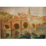 BERNARD SLEIGH, RBSA (1872-1954) - 'Bridge over a river with town beyond, watercolour, framed,