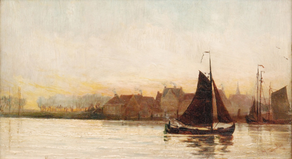 M BURNLEY (20TH CENTURY) - 'Sunset on the Scheldt', oil on canvas, signed,