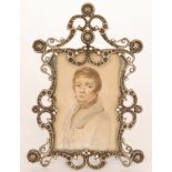 A 19th Century white metal stone set easel photograph frame encompassing a three quarter length