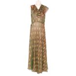 A 1930s ladies vintage lame and gold bullion lace full length evening dress in a tonal brown and