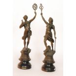 A pair of late 19th Century spelter figures titled Le Telephone and Le Telegraph each on a socle