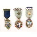 Three hallmarked and enamelled decorated silver Masonic Founders Jewels Spitalfields Lodge No 4838,