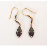 A pair of amethyst diamond and green paste pendant earrings with silver gilt shepherds crook