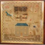 A mid 19th Century rosewood framed pictorial needlework sampler depicting a Georgian house and