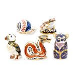 Five assorted Royal Crown Derby paperweights comprising a dragon, frog, snail, puffin and a koala,