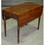 A 19th Century mahogany Pembroke table, fitted with a single frieze drawer above ring turned legs,