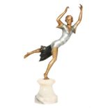 A 1930s Art Deco painted spelter figure of a dancer on alabaster socle base, height 31cm, A/F.