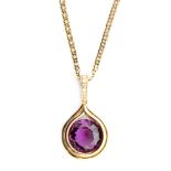 An 18ct synthetic corundum and diamond pendant, circular collar set corundum, diameter 2cm,