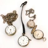 A silver plated verge pair cased pocket watch with three further silver examples and two metal
