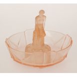 A 1930s Art Deco Sowerby pink pressed glass frog centrepiece modelled as a nude female sat upon a