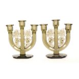 A pair of 1930s Barolac glass three branch candelabra,