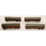 A Bassett Lowke LMS motorised engine and three coaches in LMS maroon livery (4)