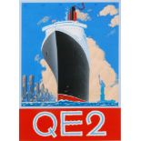 David Juniper (20th Century) - Gouache study of the QEII with tug boat leaving port, 40cm x 27cm,