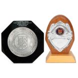 A silver presentation shield trophy titled 'F.