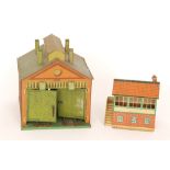 A Hornby No 1A tinplate engine shed and a No 1 signal cabin.