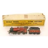 A Bassett Lowke O gauge 4-4-0 locomotive and tender in LMS maroon livery and a Flying Scotsman box