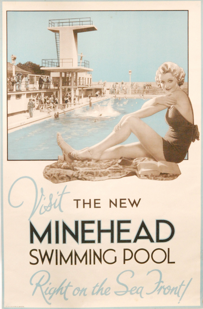 A 1930/40s poster titled 'Visit the new Minehead swimming pool, right on the sea',