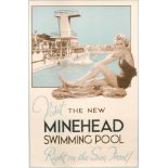 A 1930/40s poster titled 'Visit the new Minehead swimming pool, right on the sea',