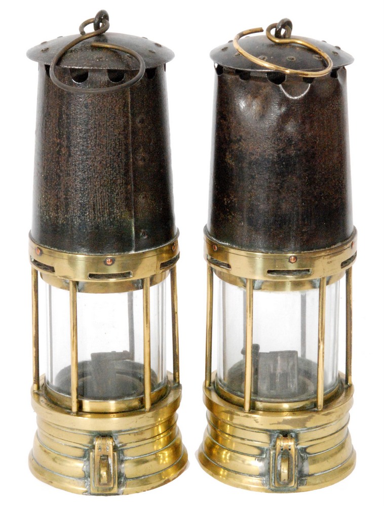 A pair of 19th Century brass miners lamps stamped 'R.