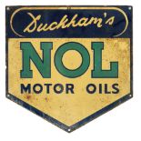 A single sided advertising enamel sign for Duckham's NOL Motor Oils, the shield shape with yellow,