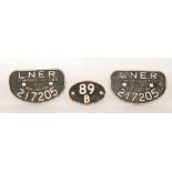 Three railway cast iron wagon plates to include a pair for 12 tons 1937 Darlington Nos 217205 and a