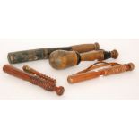 A Victorian turned beech and part ebonised truncheon or cosh stamped 'VR',