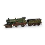 A Bing 2 gauge 4-4-0 Sydney locomotive and tender in lined green livery with two tinplate third