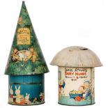 Two 1930s tin plate novelty Crawford & Sons Ltd biscuit tin money boxes both to designs by Mabel