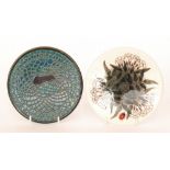 Two Dennis China Works coasters each decorated in designs by Sally Tuffin,