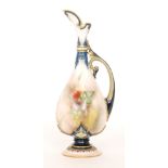 A late 19th Century Hadleys Worcester pedestal ewer decorated with a hand painted rose bud and
