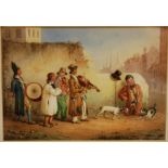 E.R. BULKELEY (LATE 19TH CENTURY) - 'Strolling Players', watercolour, signed, framed, 13.5cm x 19.