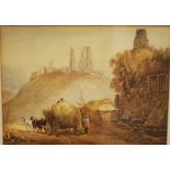 ENGLISH SCHOOL (MID 19TH CENTURY) - A view of Corfe Castle, watercolour, framed, 24.5cm x 33cm,